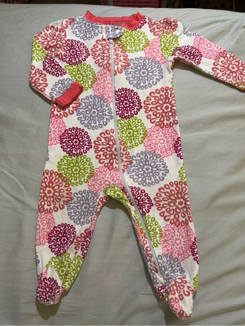 Faded Glory Floral Burst Footed Zip Sleeper Pajama Pink Green 6-9M